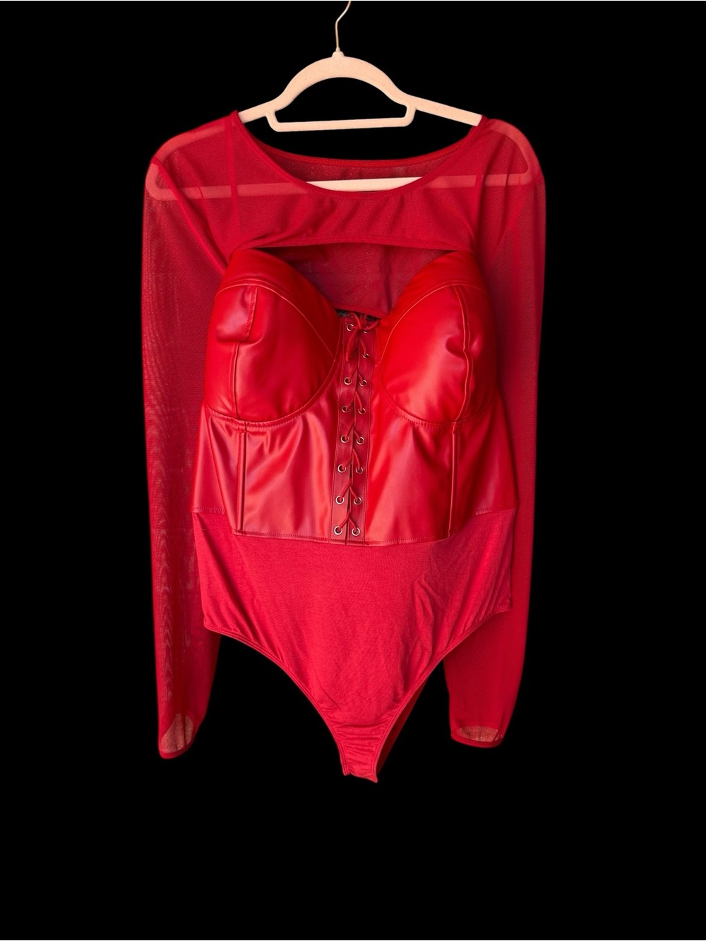 Ashley Stewart Red Lace-Up Faux Leather & Mesh Bodysuit